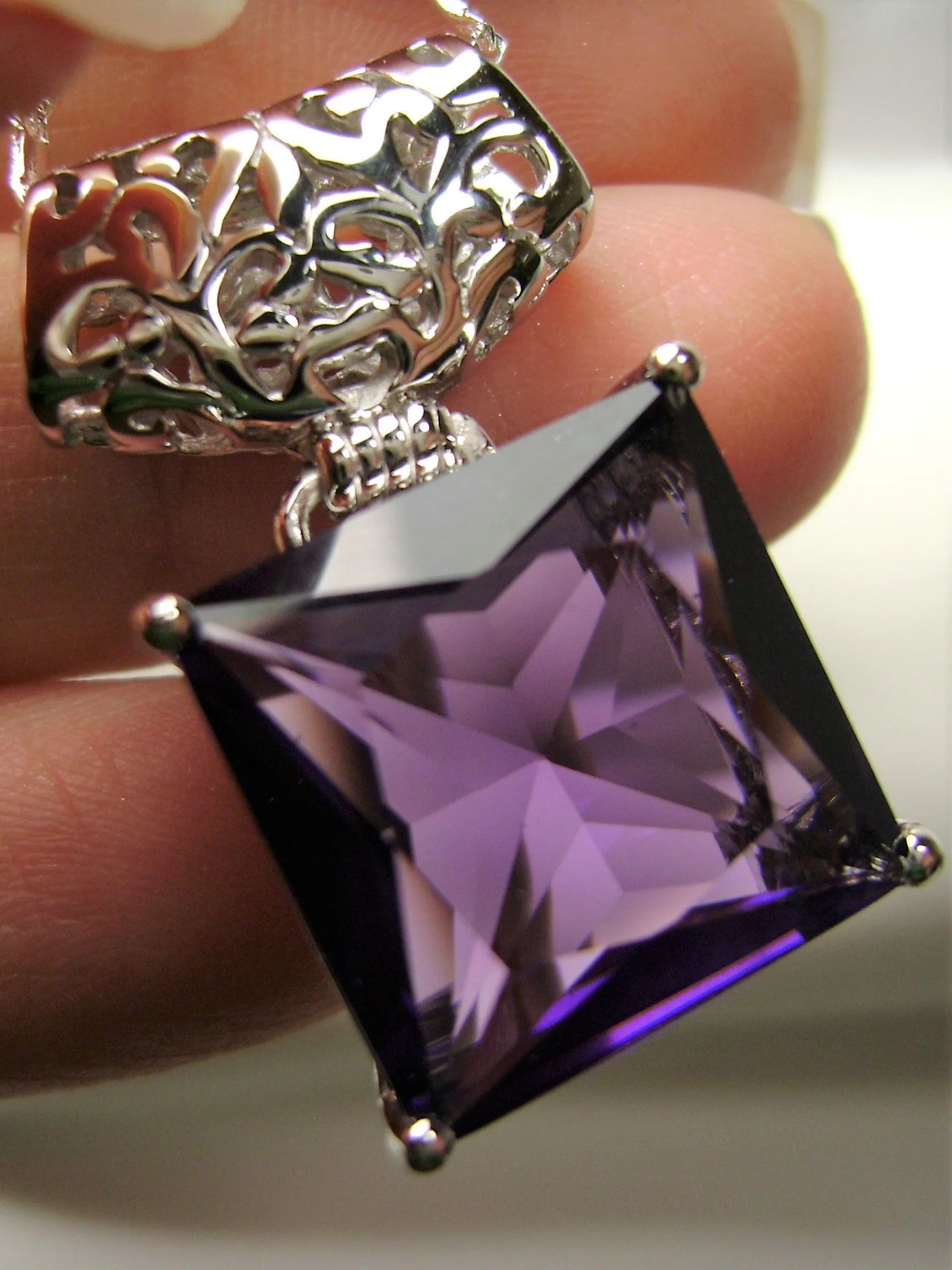 Amethyst Pendant, Square Gem, Sterling Silver Art Deco Jewelry #P45 - Ready to Ship
