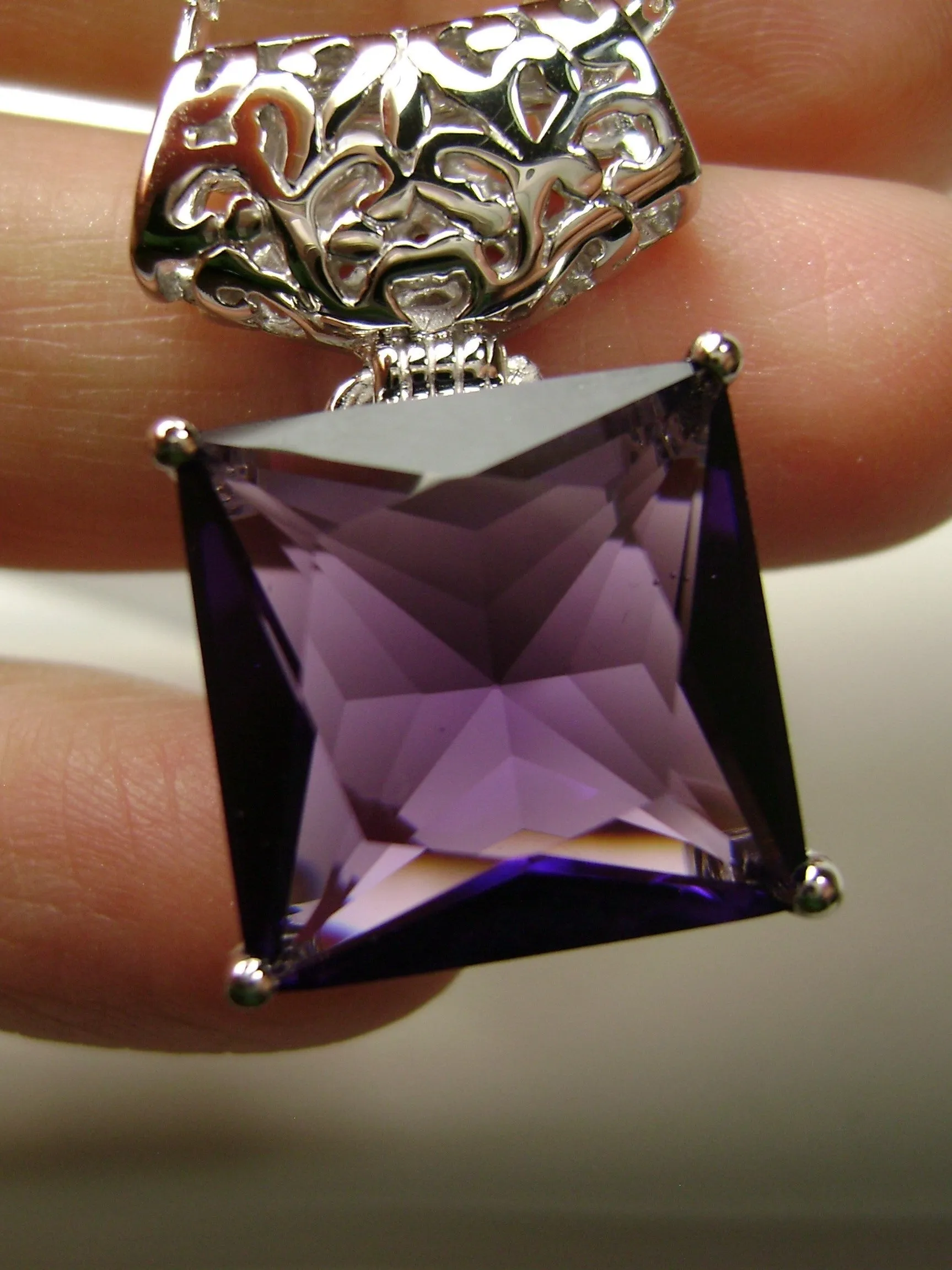 Amethyst Pendant, Square Gem, Sterling Silver Art Deco Jewelry #P45 - Ready to Ship