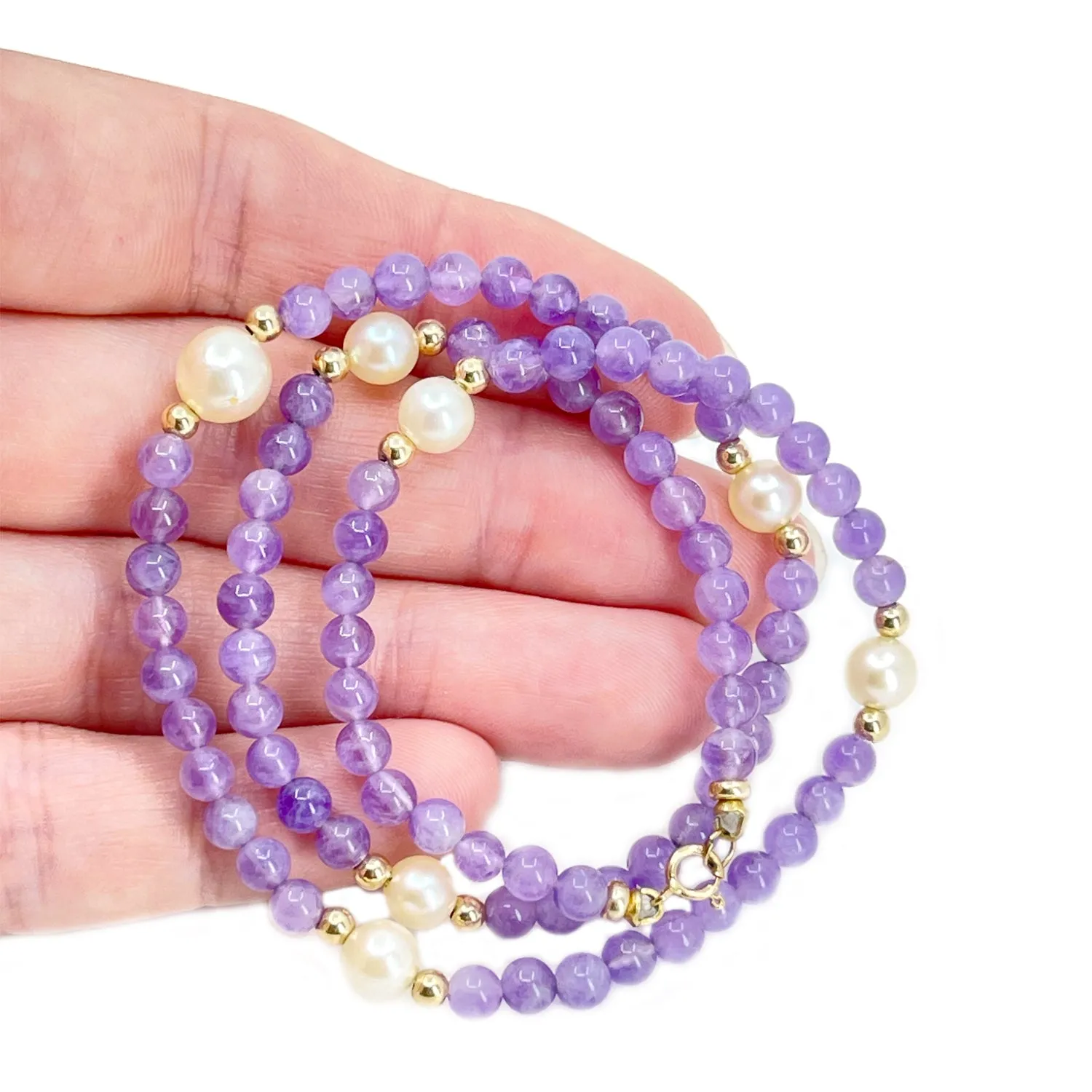 Amethyst Retro Japanese Saltwater Cultured Akoya Pearl Strand - 14K Yellow Gold 16.75 Inch