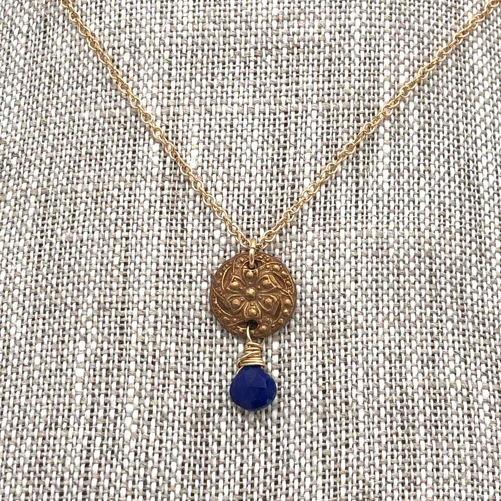 Angel Mercer - Necklace - Delicate Gold Chain (Vintage Button Pendant with Lapis Lazuli Gemstone)