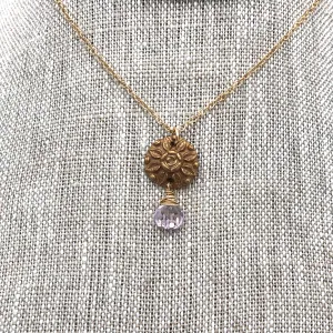 Angel Mercer - Necklace - Delicate Gold Chain (Vintage Button Pendant with Light Amethyst Gemstone)