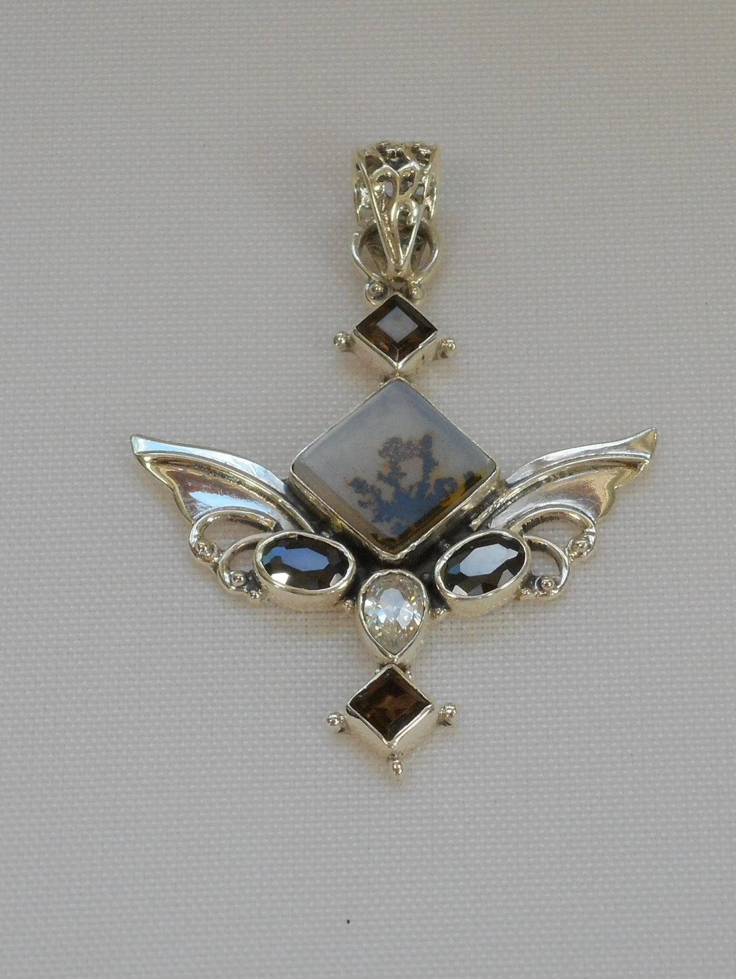 Angel Sterling and Onyx Pendant with Dendritic Opal and Topaz