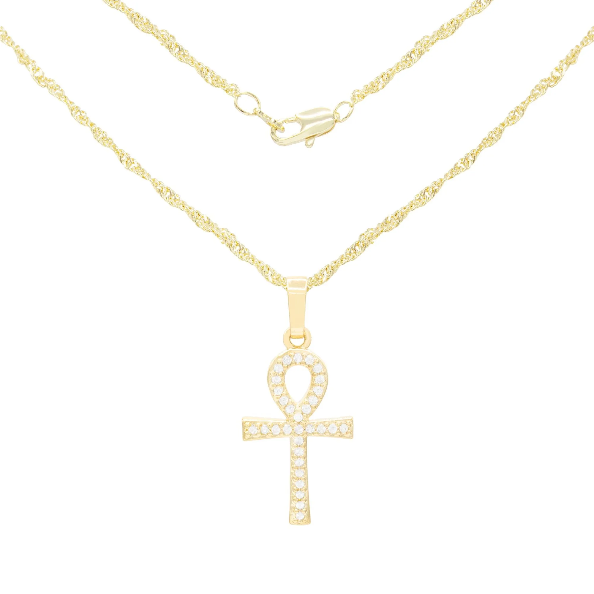 Ankh Cross Cubic Zirconia 14K Gold Filled Copper Pendant With Necklace Set
