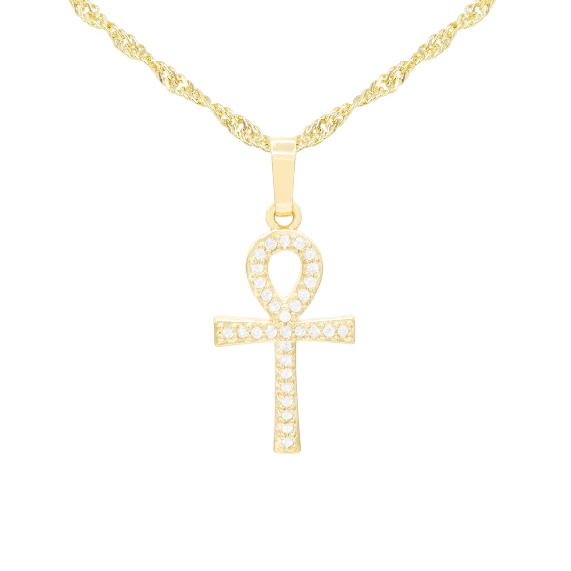 Ankh Cross Cubic Zirconia 14K Gold Filled Copper Pendant With Necklace Set