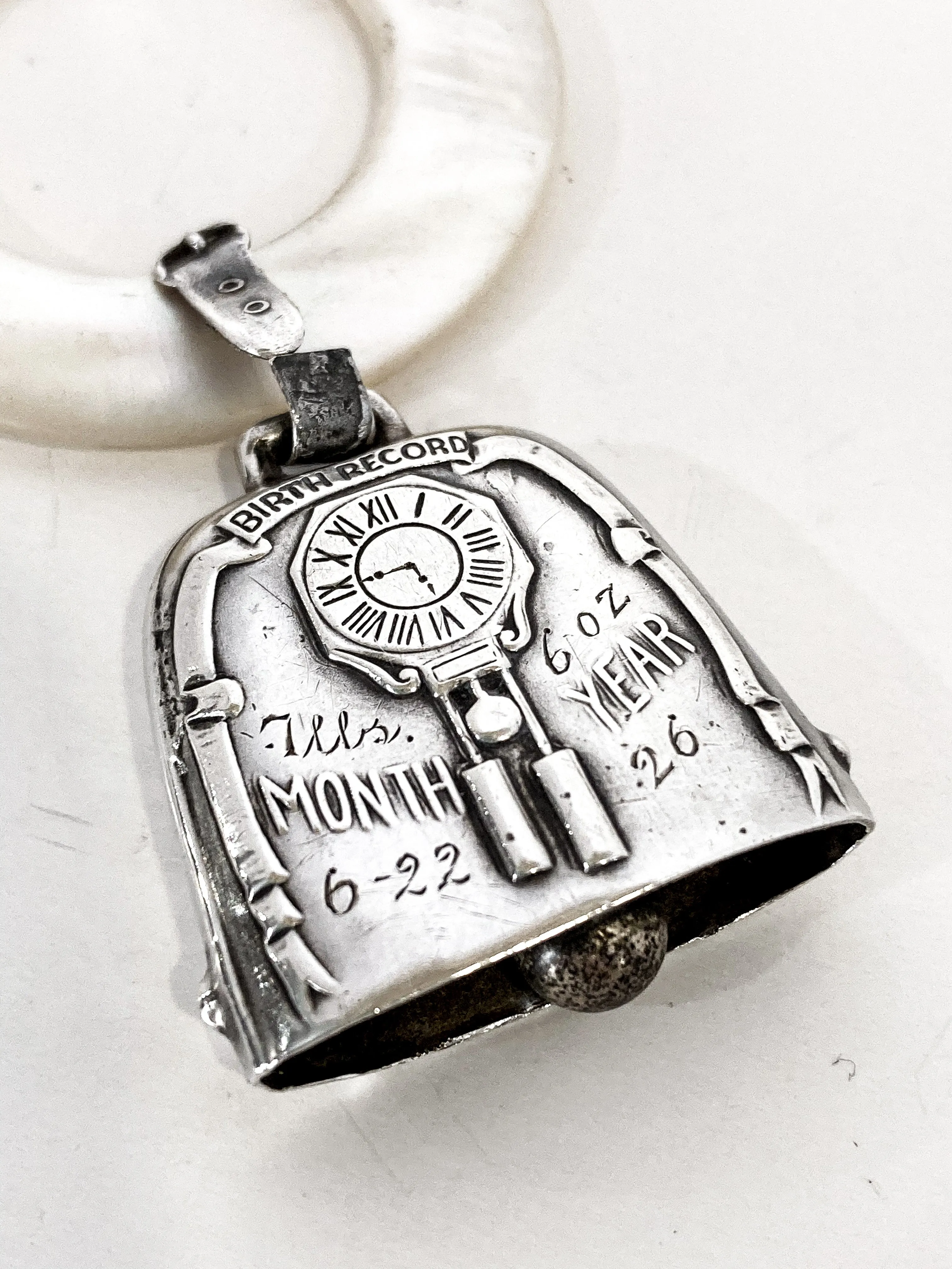 Antique 1926 Sterling Silver June 22 Baby Birth Record Bell Ornament