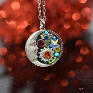 Antique Silver Plated Moon & Stars Crystal Pendant by Firefly