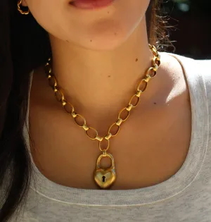 Antiqued Gold Chunky Puff Heart Necklace