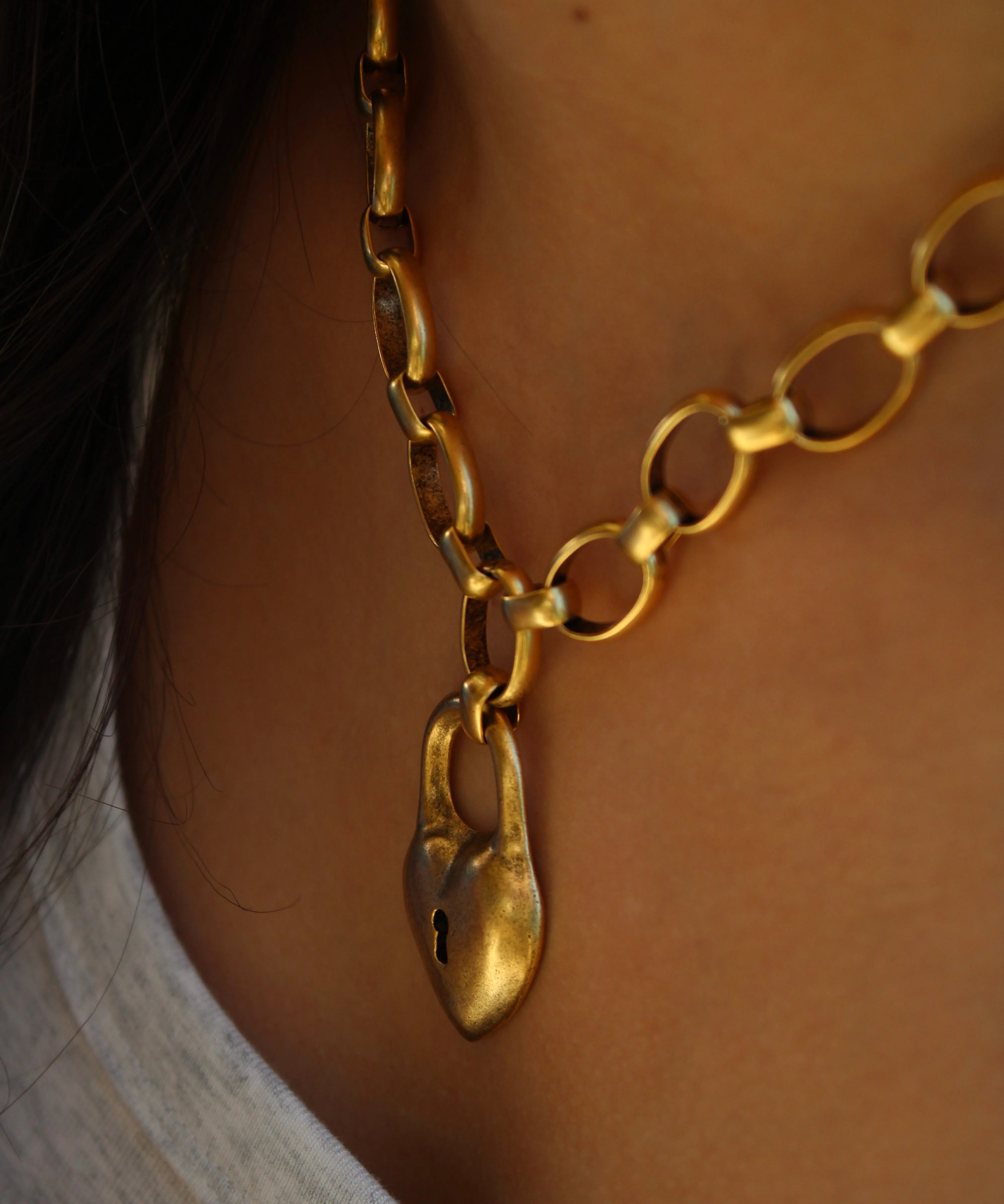 Antiqued Gold Chunky Puff Heart Necklace