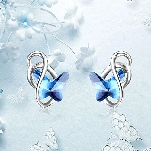 AOBOCO Sterling Silver Infinity Butterfly Earrings, Crystal from Swarovski, Hypoallergenic Stud Earrings, Anniversary Birthday Butterfly Jewelry Gifts for Women(Blue)