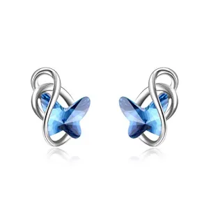 AOBOCO Sterling Silver Infinity Butterfly Earrings, Crystal from Swarovski, Hypoallergenic Stud Earrings, Anniversary Birthday Butterfly Jewelry Gifts for Women(Blue)