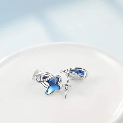 AOBOCO Sterling Silver Infinity Butterfly Earrings, Crystal from Swarovski, Hypoallergenic Stud Earrings, Anniversary Birthday Butterfly Jewelry Gifts for Women(Blue)