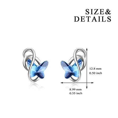 AOBOCO Sterling Silver Infinity Butterfly Earrings, Crystal from Swarovski, Hypoallergenic Stud Earrings, Anniversary Birthday Butterfly Jewelry Gifts for Women(Blue)