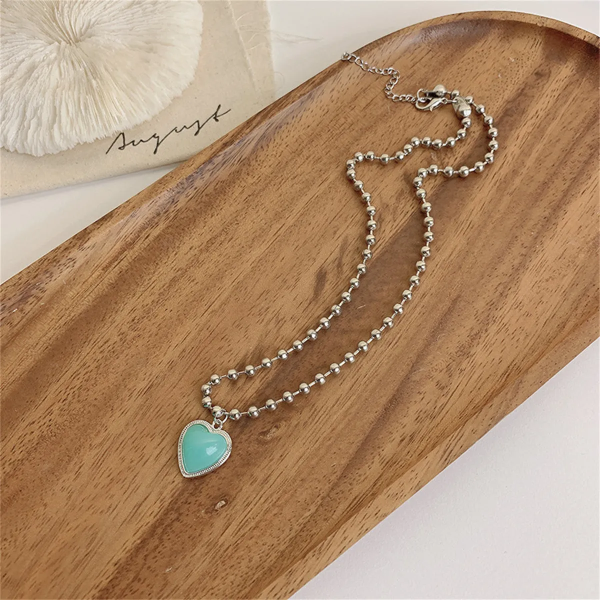 Aqua Resin & Silver-Plated Ball Chain Heart Pendant Necklace