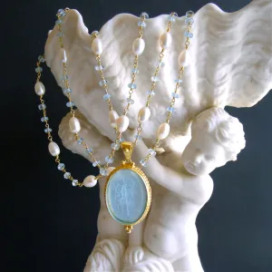 Aqua Venetian Intaglio Aquamarine Freshwater Pearl Necklace - Matera Necklace