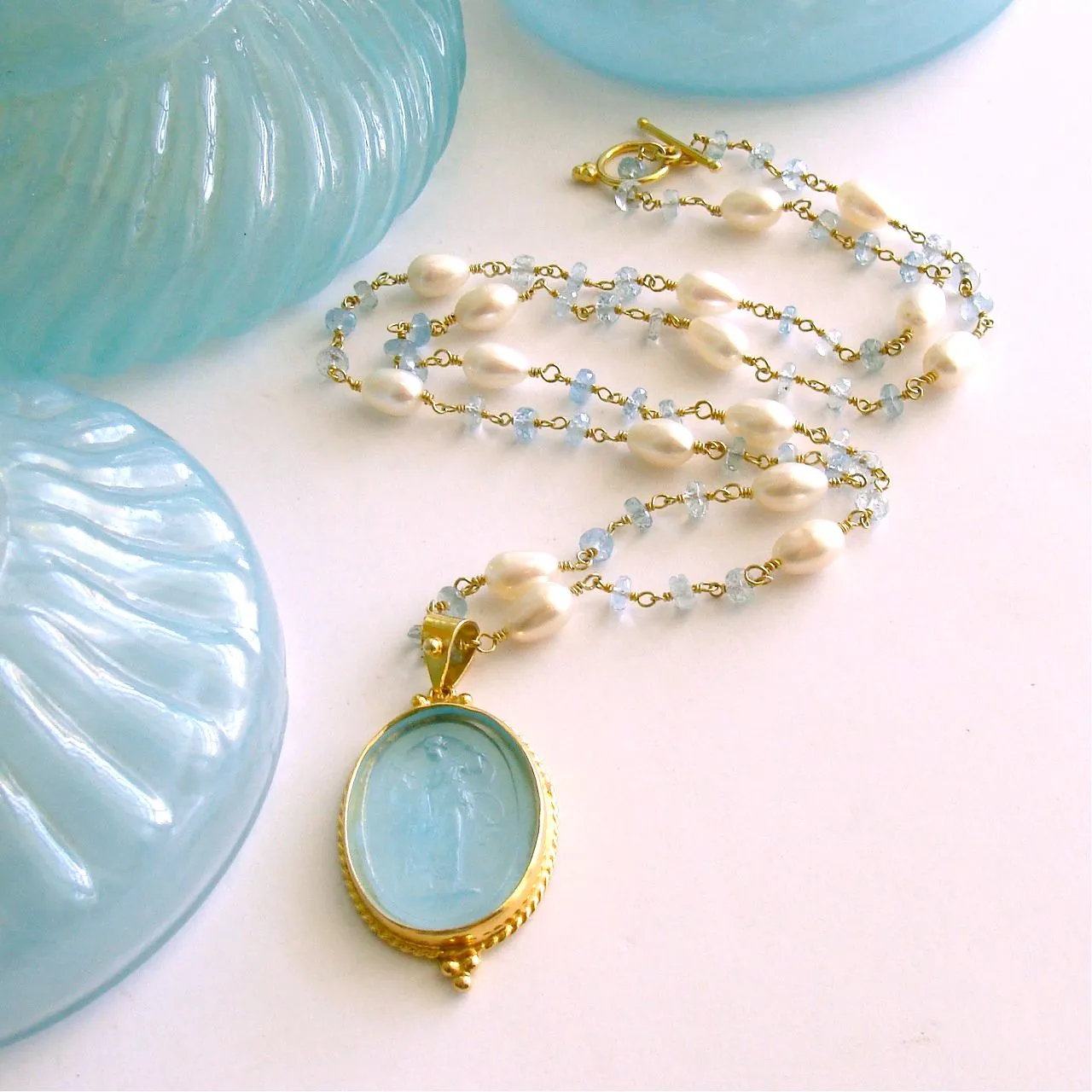 Aqua Venetian Intaglio Aquamarine Freshwater Pearl Necklace - Matera Necklace