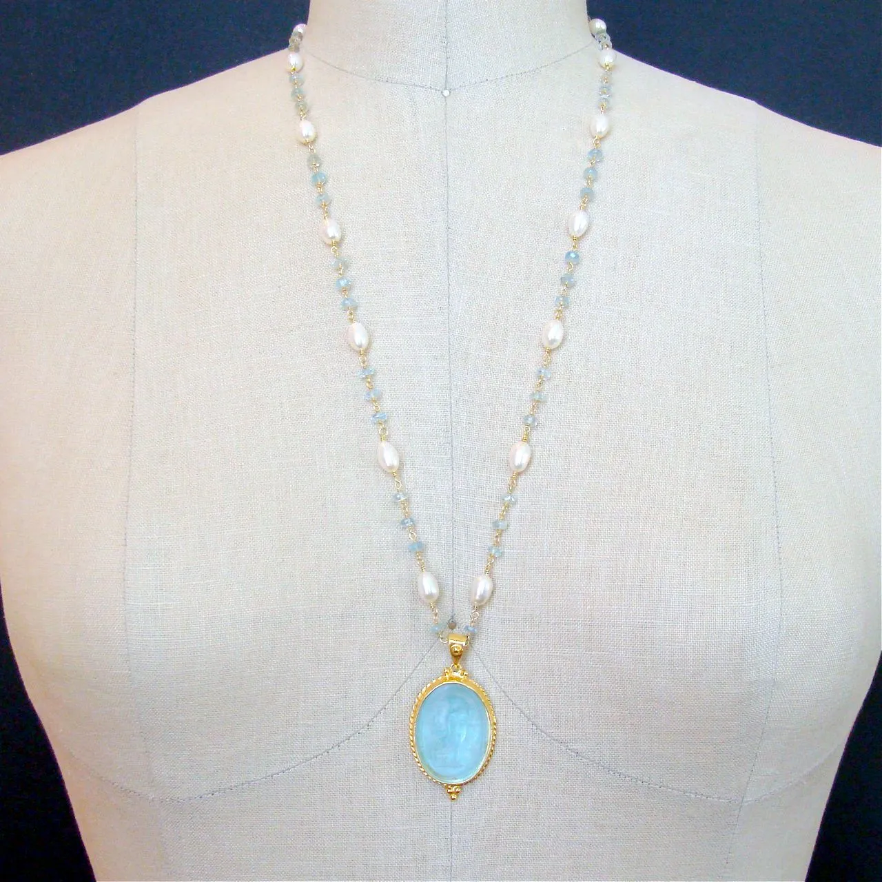 Aqua Venetian Intaglio Aquamarine Freshwater Pearl Necklace - Matera Necklace