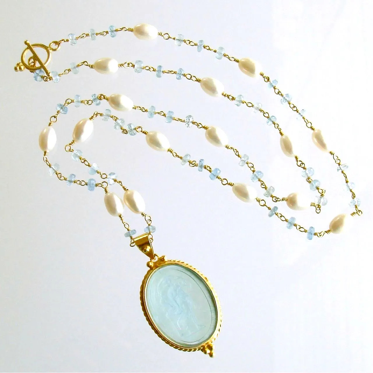 Aqua Venetian Intaglio Aquamarine Freshwater Pearl Necklace - Matera Necklace