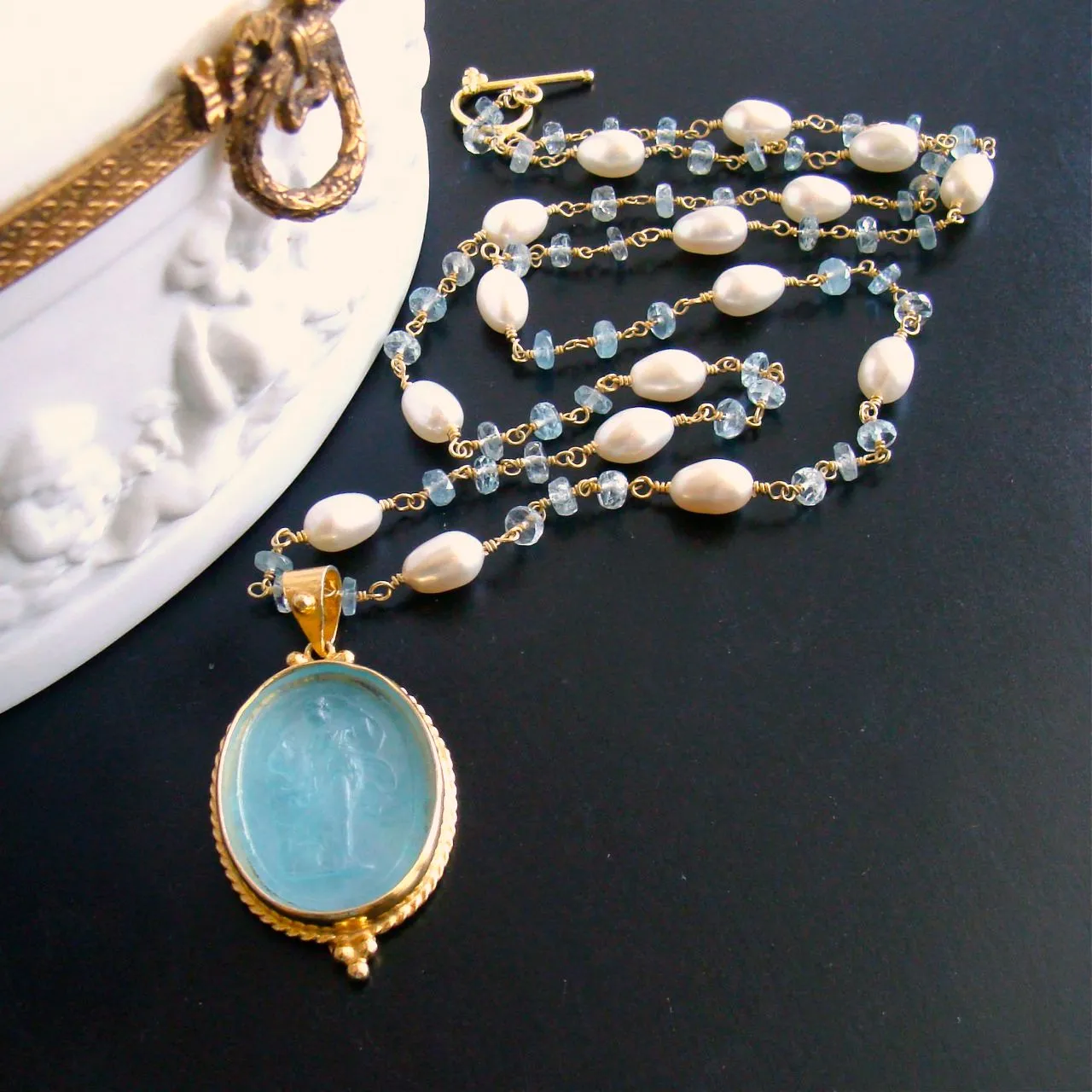 Aqua Venetian Intaglio Aquamarine Freshwater Pearl Necklace - Matera Necklace