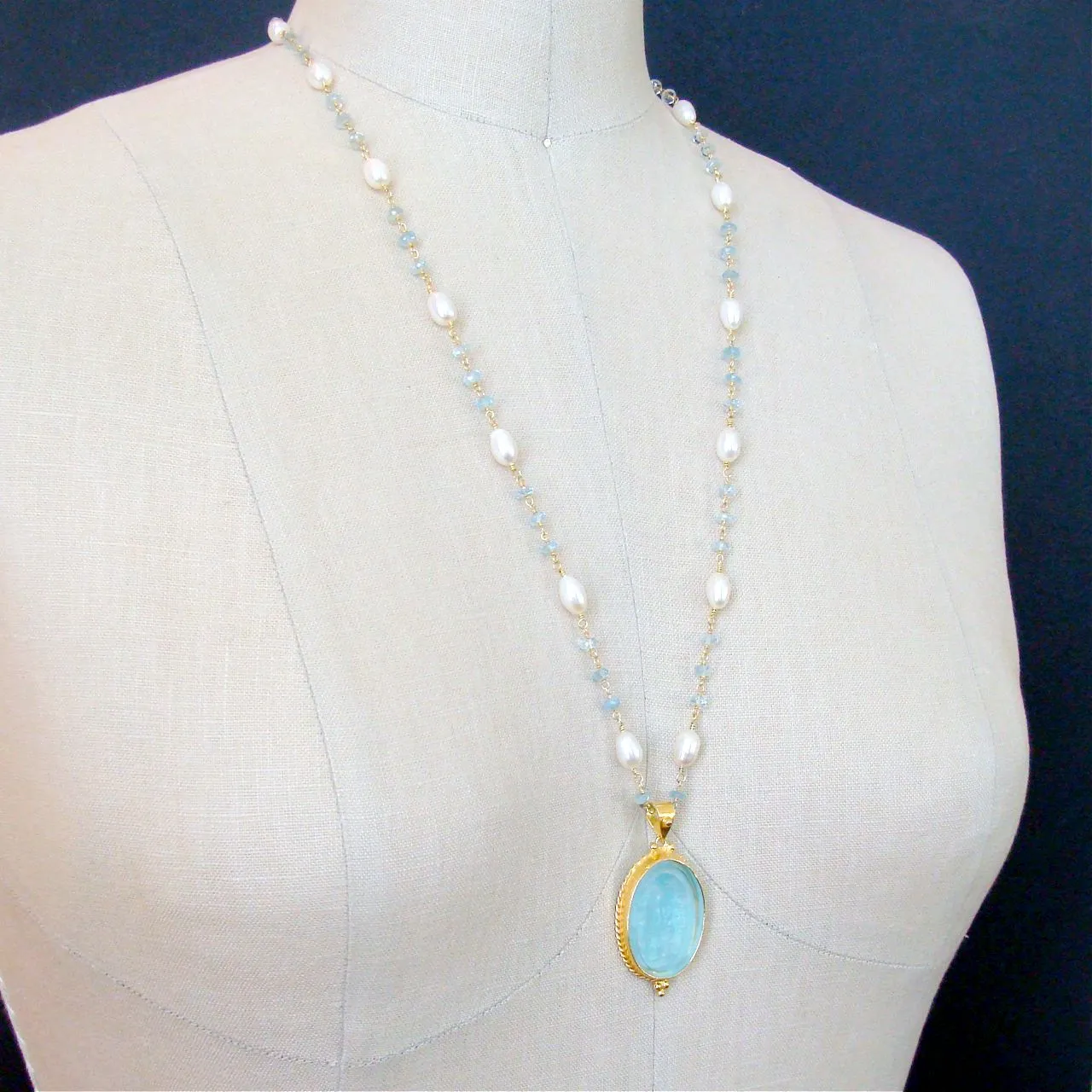 Aqua Venetian Intaglio Aquamarine Freshwater Pearl Necklace - Matera Necklace