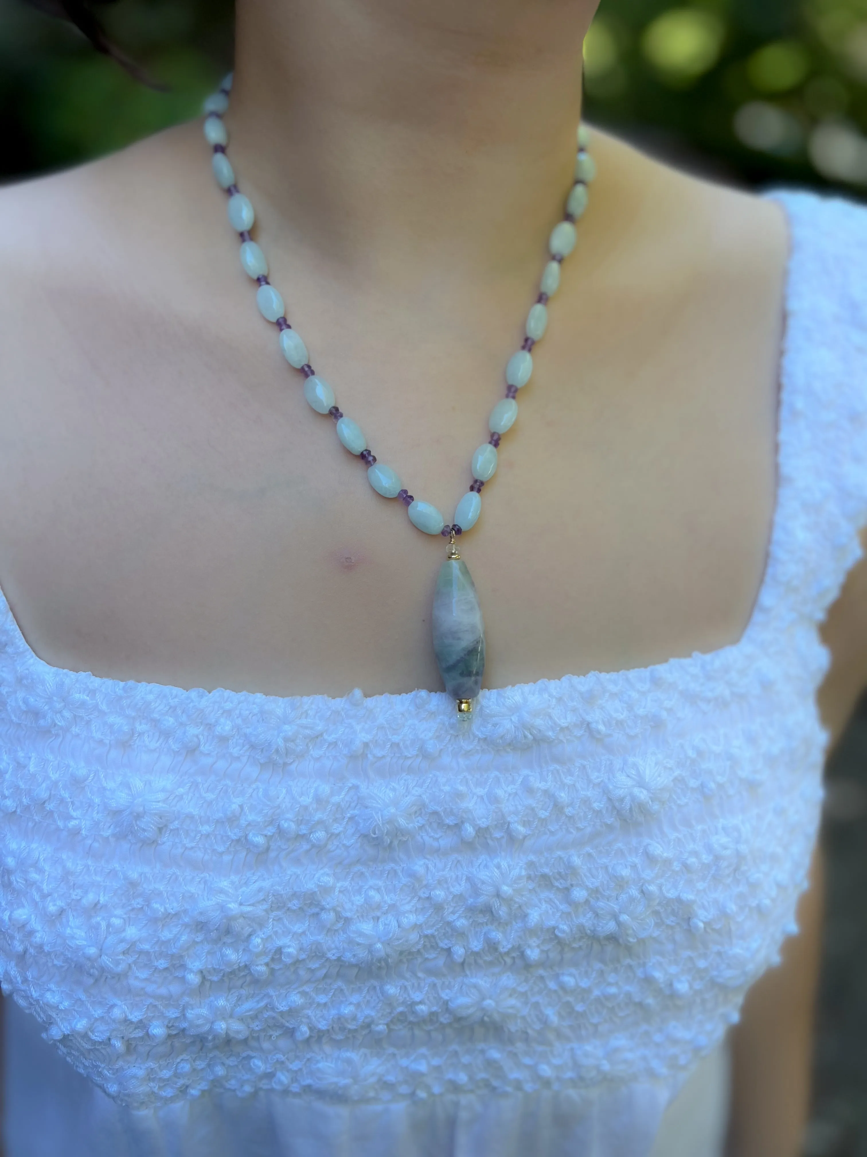 Aquamarine and Amethyst Necklace with Fluorite Pendant