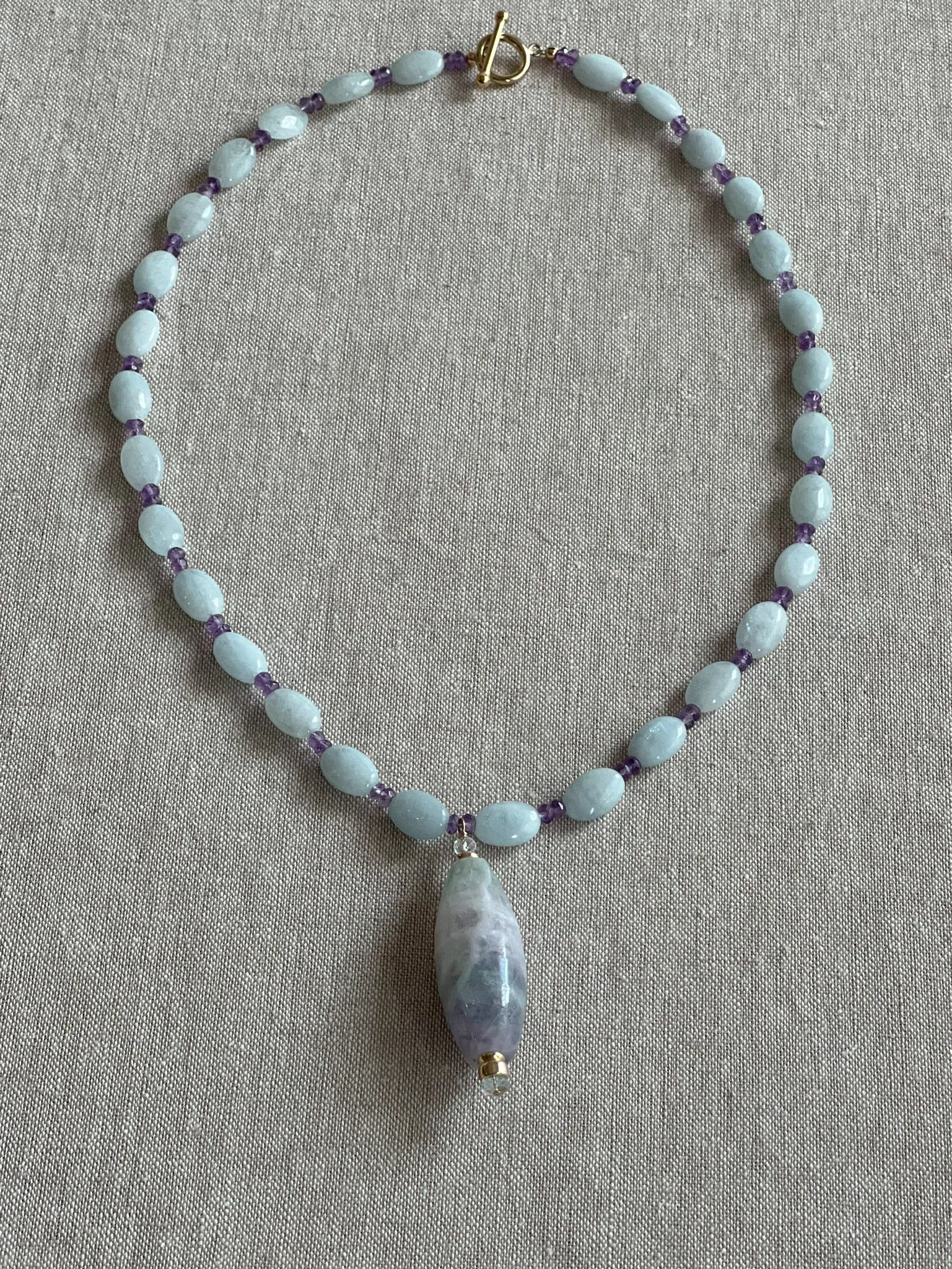 Aquamarine and Amethyst Necklace with Fluorite Pendant