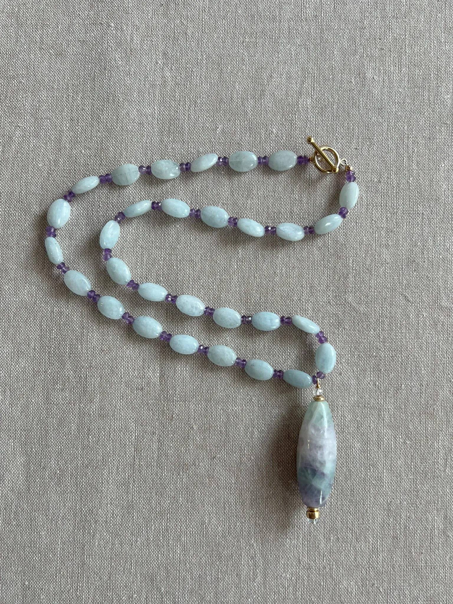 Aquamarine and Amethyst Necklace with Fluorite Pendant