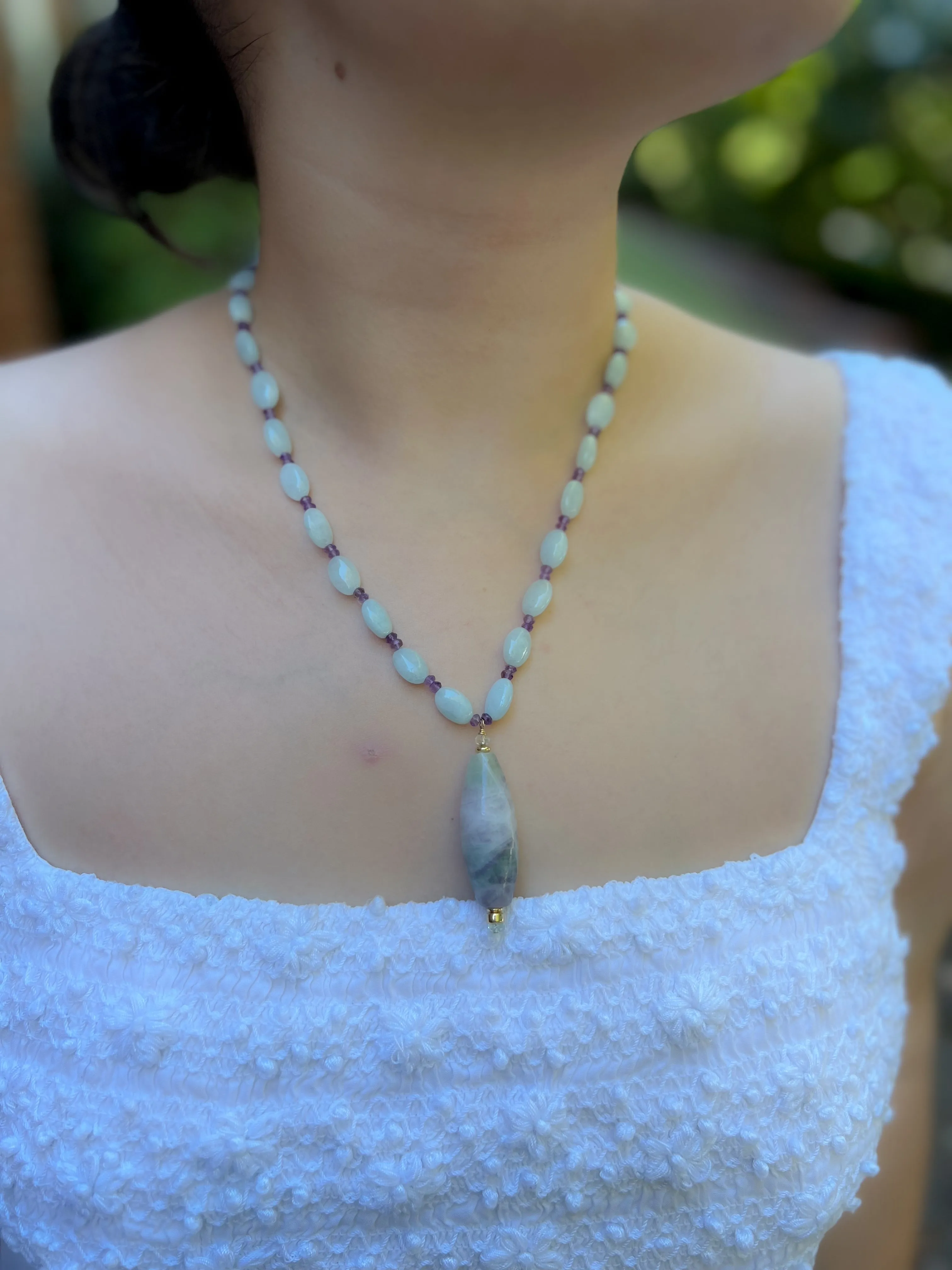 Aquamarine and Amethyst Necklace with Fluorite Pendant