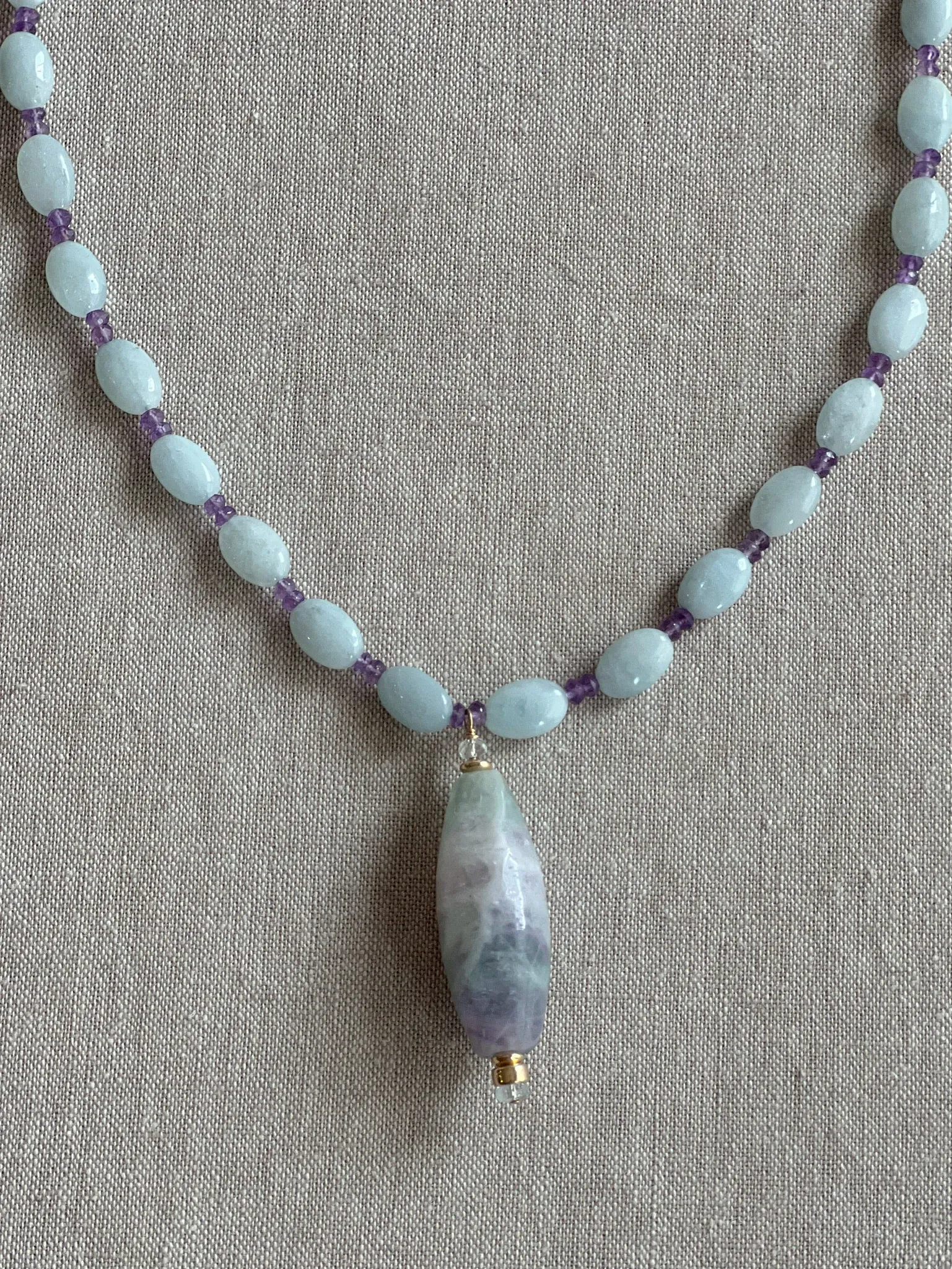 Aquamarine and Amethyst Necklace with Fluorite Pendant