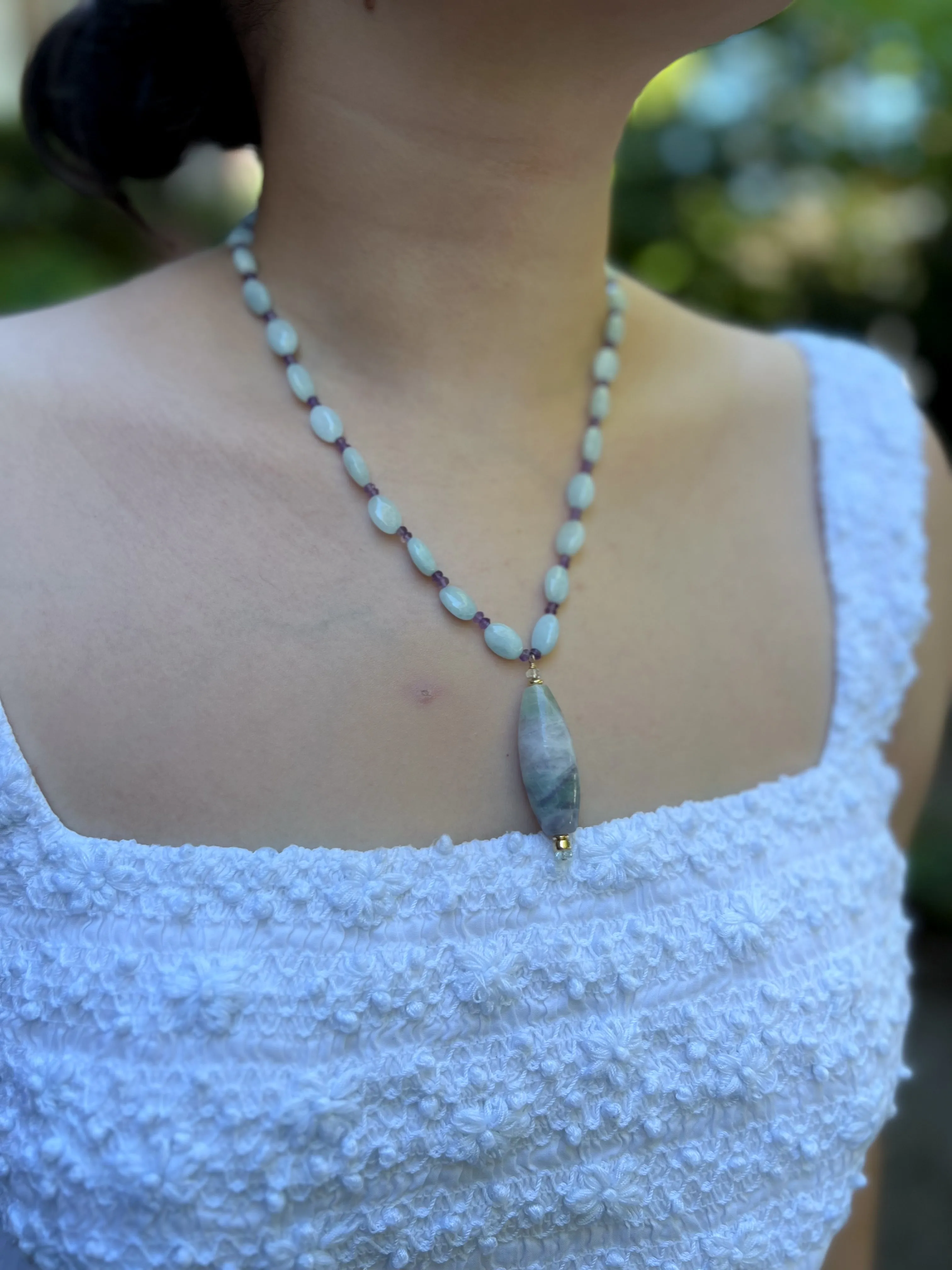 Aquamarine and Amethyst Necklace with Fluorite Pendant