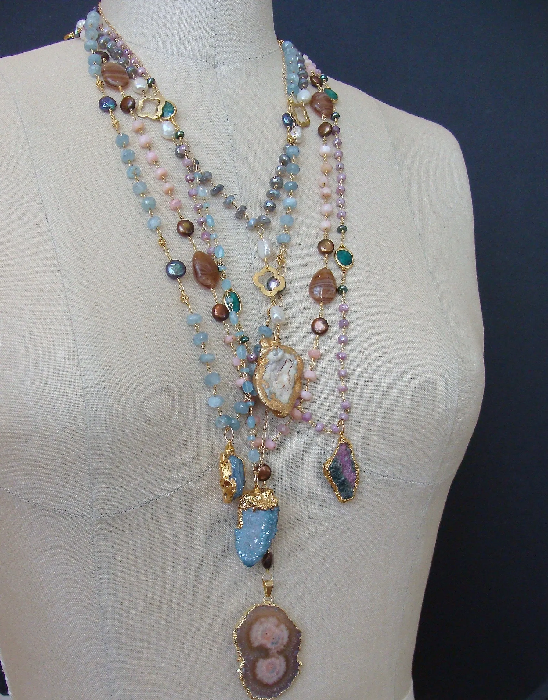 Aquamarine Coin Pearls Chalcedony Rose Druzy Pendant Necklace - Roisin Layering Necklace