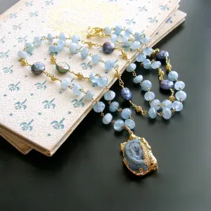 Aquamarine Coin Pearls Chalcedony Rose Druzy Pendant Necklace - Roisin Layering Necklace