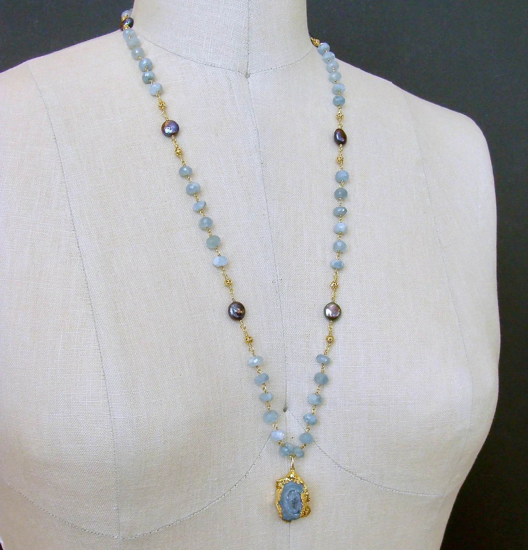 Aquamarine Coin Pearls Chalcedony Rose Druzy Pendant Necklace - Roisin Layering Necklace