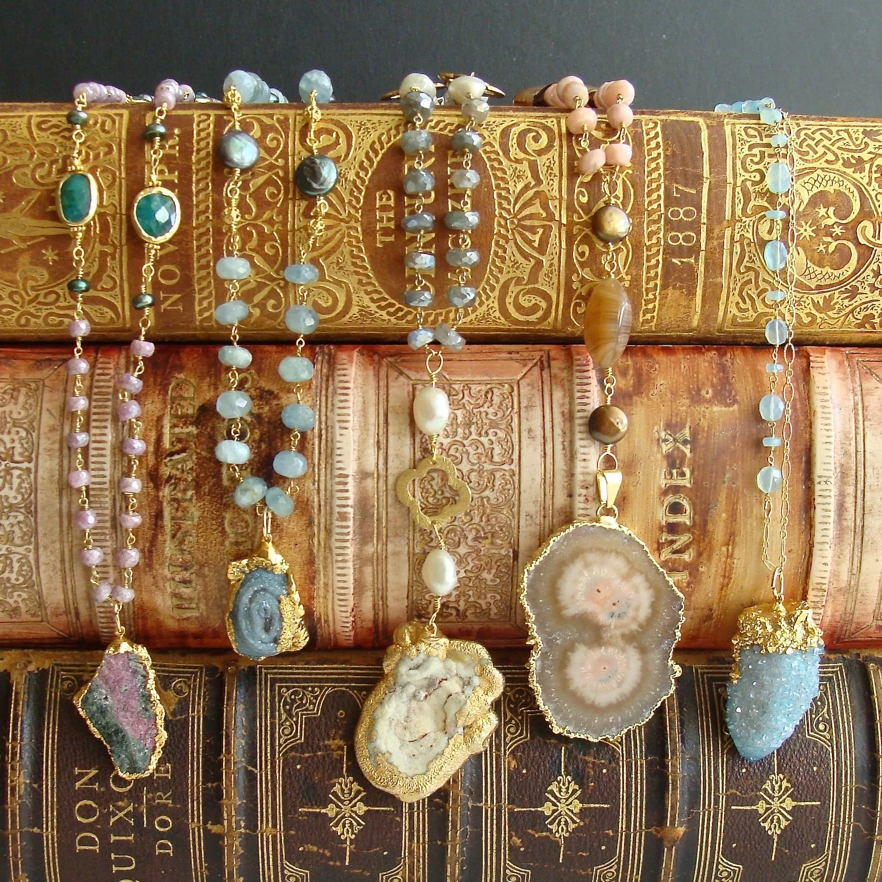 Aquamarine Coin Pearls Chalcedony Rose Druzy Pendant Necklace - Roisin Layering Necklace