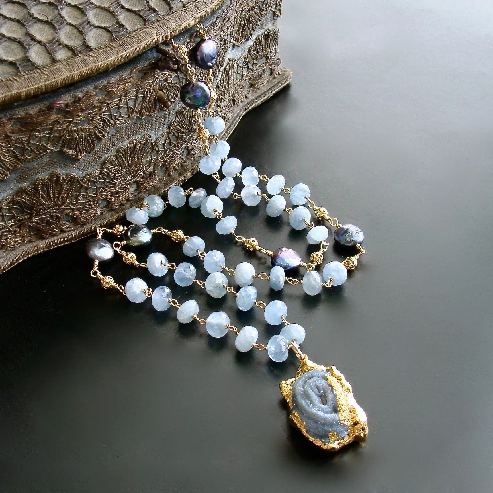 Aquamarine Coin Pearls Chalcedony Rose Druzy Pendant Necklace - Roisin Layering Necklace