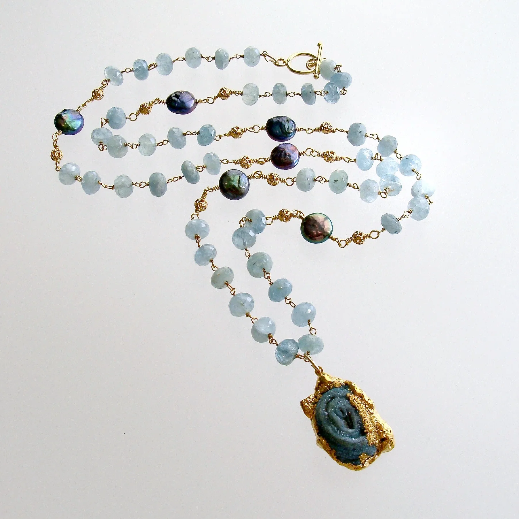 Aquamarine Coin Pearls Chalcedony Rose Druzy Pendant Necklace - Roisin Layering Necklace