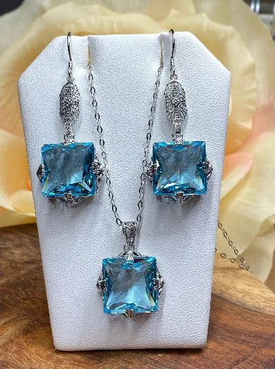 Aquamarine Jewelry Set, Square Victorian Set of Sky Blue Earrings, Pendant & Bracelet #S77