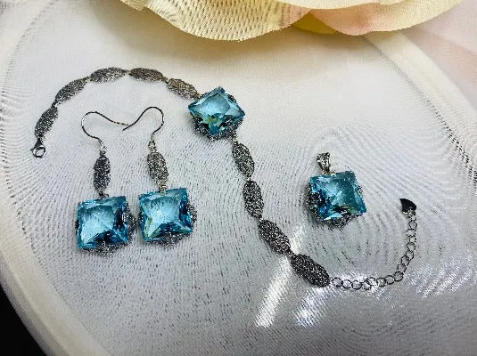 Aquamarine Jewelry Set, Square Victorian Set of Sky Blue Earrings, Pendant & Bracelet #S77