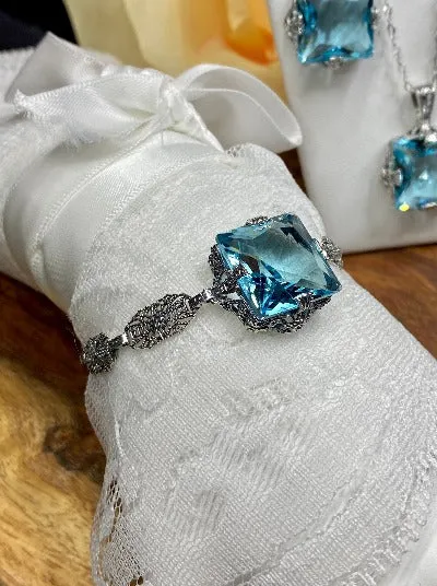 Aquamarine Jewelry Set, Square Victorian Set of Sky Blue Earrings, Pendant & Bracelet #S77