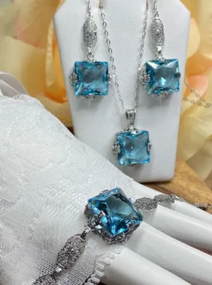 Aquamarine Jewelry Set, Square Victorian Set of Sky Blue Earrings, Pendant & Bracelet #S77