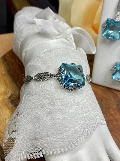 Aquamarine Jewelry Set, Square Victorian Set of Sky Blue Earrings, Pendant & Bracelet #S77