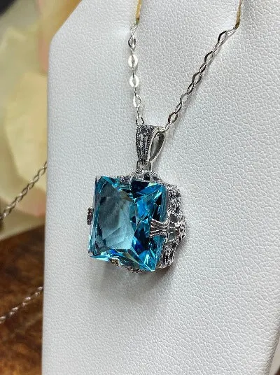 Aquamarine Jewelry Set, Square Victorian Set of Sky Blue Earrings, Pendant & Bracelet #S77