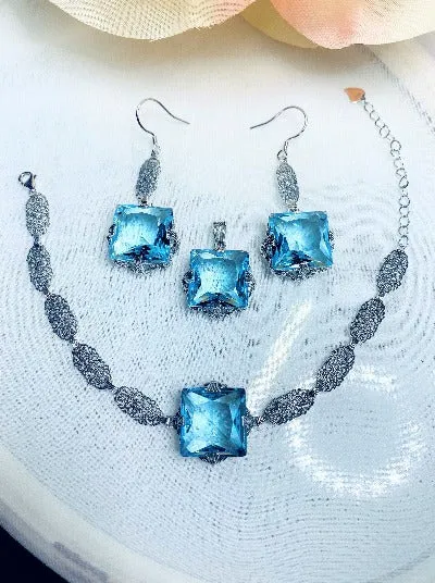 Aquamarine Jewelry Set, Square Victorian Set of Sky Blue Earrings, Pendant & Bracelet #S77