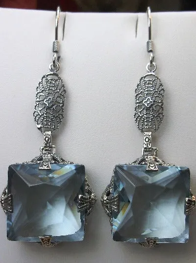 Aquamarine Jewelry Set, Square Victorian Set of Sky Blue Earrings, Pendant & Bracelet #S77