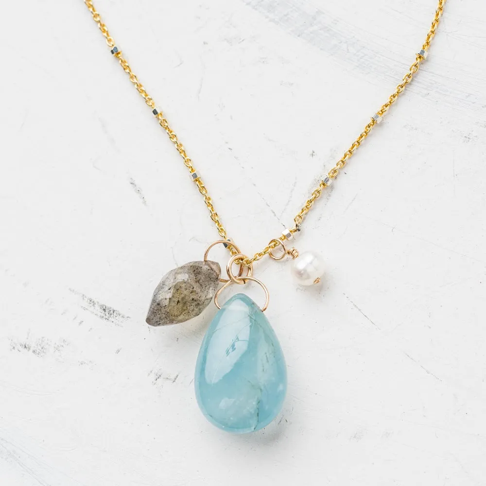 Aquamarine Smooth Pear Opera Necklace with Labradorite and Pearl
