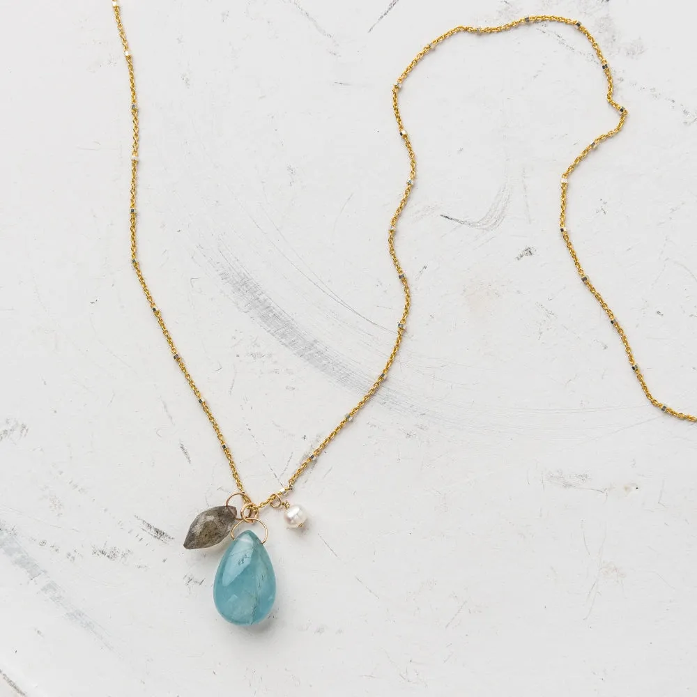 Aquamarine Smooth Pear Opera Necklace with Labradorite and Pearl