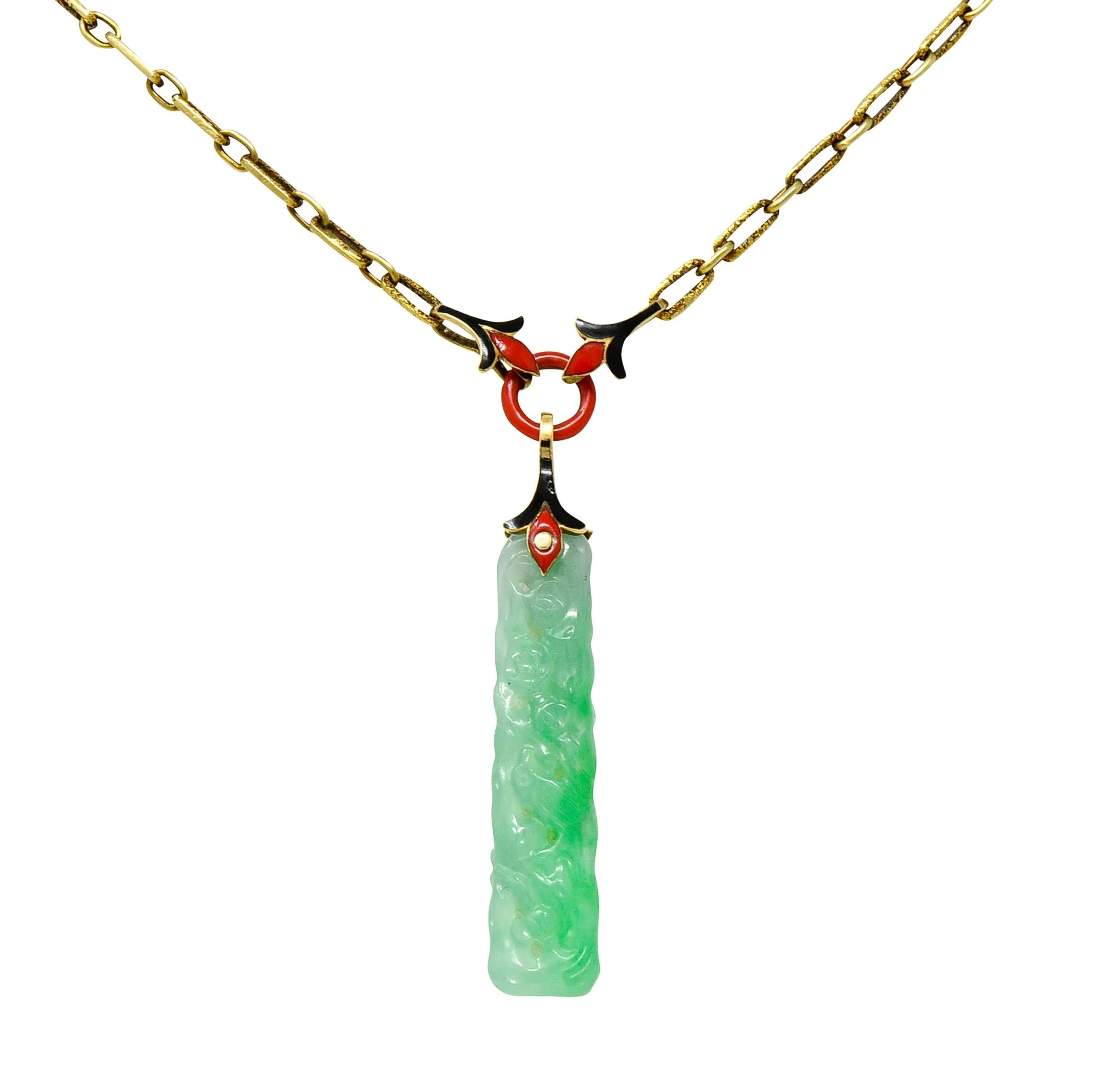 Art Deco Carved Jade Enamel 14 Karat Gold Drop Pendant Necklace