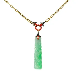 Art Deco Carved Jade Enamel 14 Karat Gold Drop Pendant Necklace