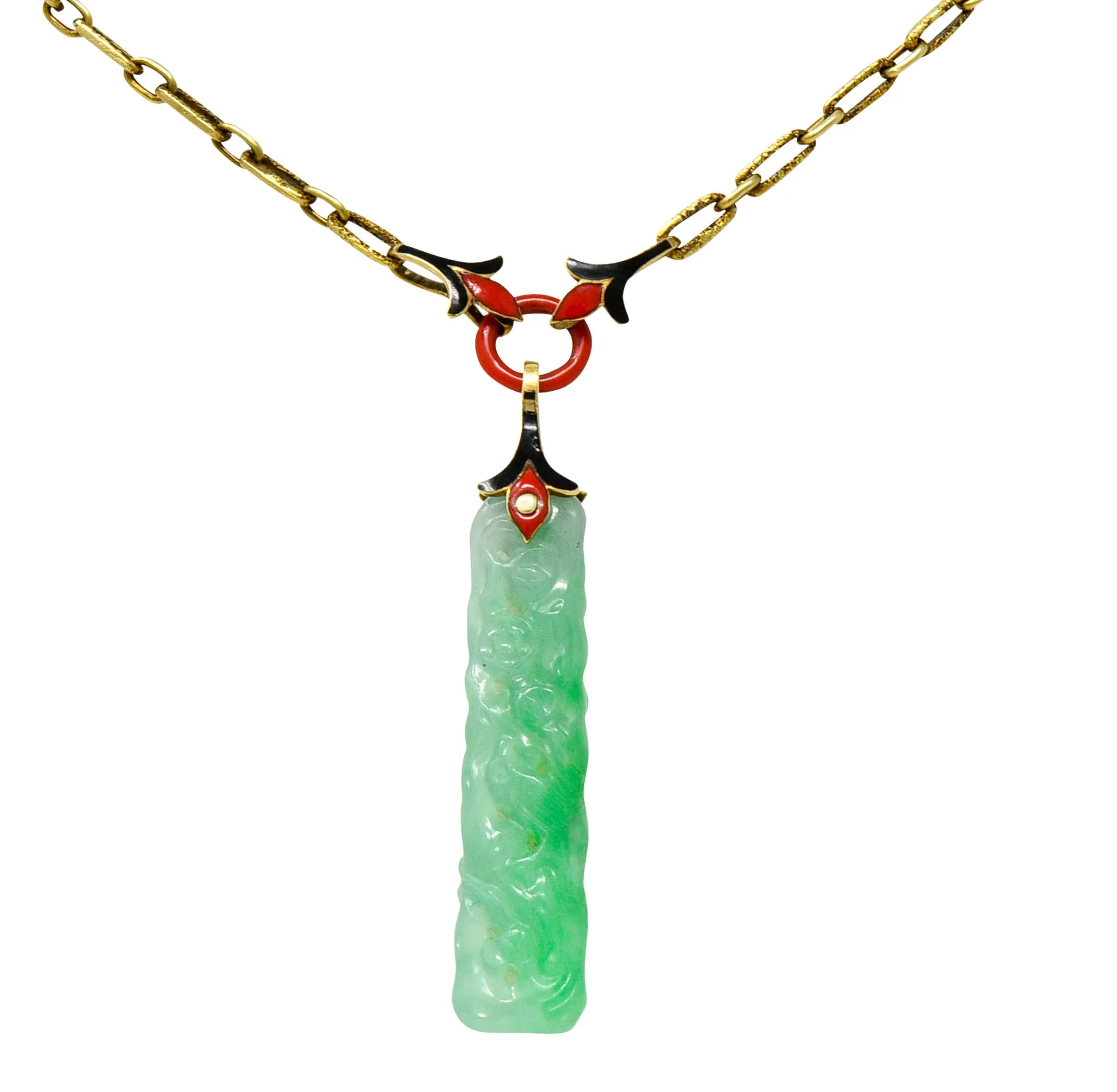 Art Deco Carved Jade Enamel 14 Karat Gold Drop Pendant Necklace