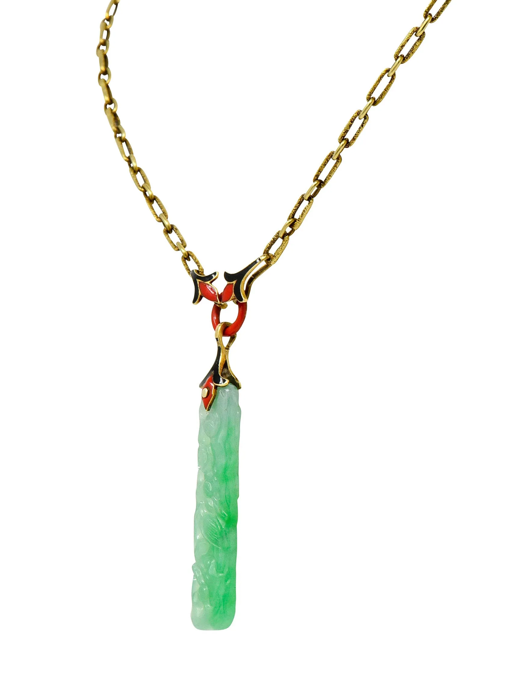 Art Deco Carved Jade Enamel 14 Karat Gold Drop Pendant Necklace