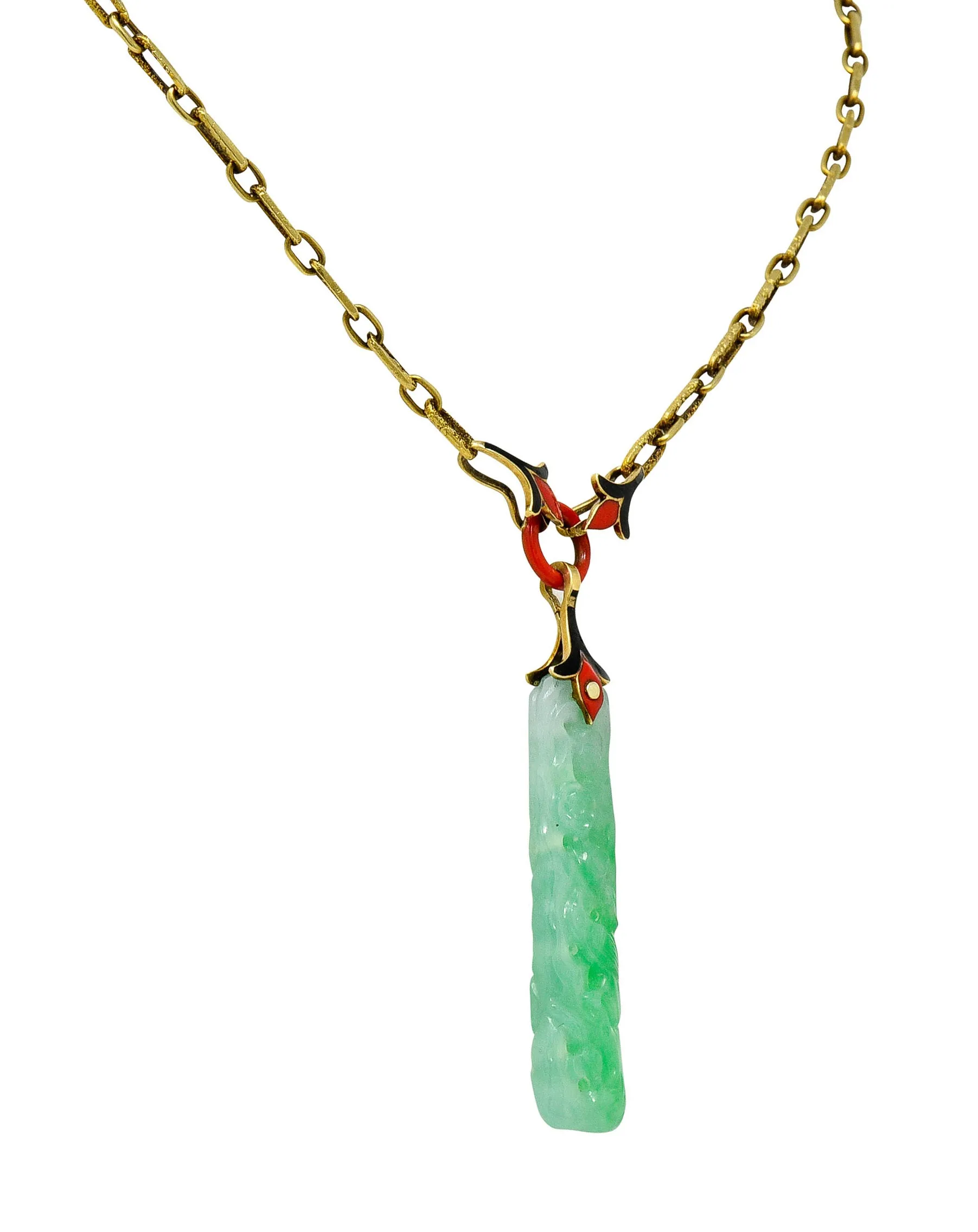 Art Deco Carved Jade Enamel 14 Karat Gold Drop Pendant Necklace
